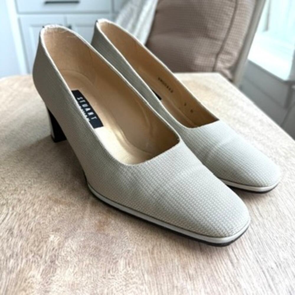 STUART WEITZMAN Square Toe Block Heel Pumps Beige‎ Textured Fabric Women 9